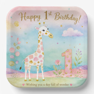 Whimsical Giraffe First Birthday Wonder Paper Plate