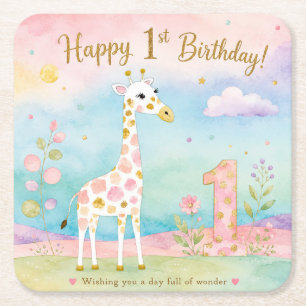 Whimsical Giraffe First Birthday Wonder Square Paper Coaster