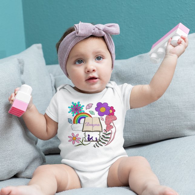   Whimsical girl book dog rainbow mushrooms floral Baby Bodysuit (Creator Uploaded)
