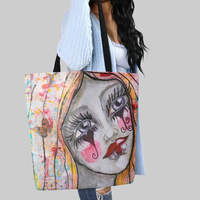 Whimsical Girl Colourful Mime Cute Fun Love Heart Tote Bag (Whimsical clown girl original mixed media modern folk art by Malissa Melrose)