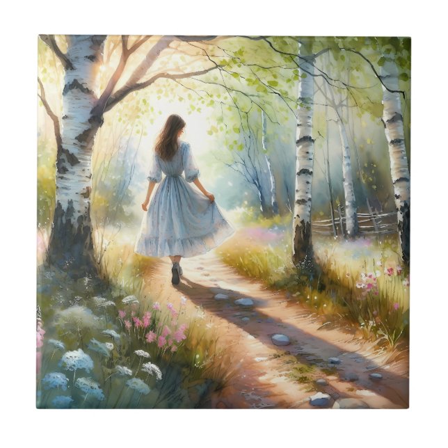 Whimsical Girl Dancing Through Birch Forest Ceramic Tile (Front)