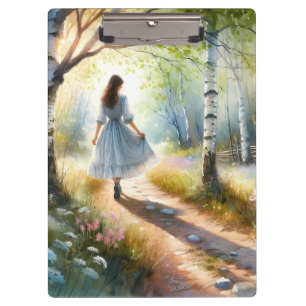Whimsical Girl Dancing Through Birch Forest Clipboard