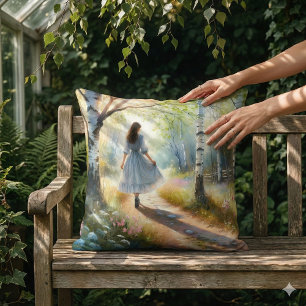 Whimsical Girl Dancing Through Birch Forest Cushion