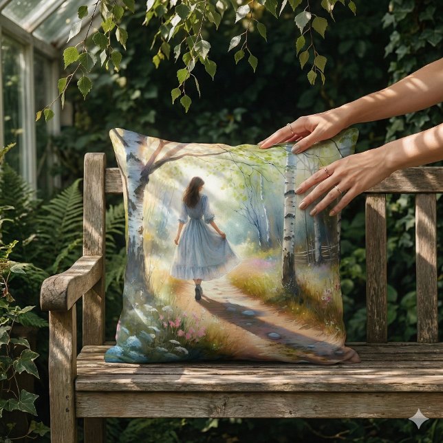 Whimsical Girl Dancing Through Birch Forest Cushion (Whimsical Girl Dancing Through Birch Forest Throw Pillow Mockup A)