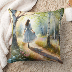 Whimsical Girl Dancing Through Birch Forest Cushion