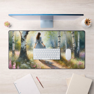 Whimsical Girl Dancing Through Birch Forest Desk Mat