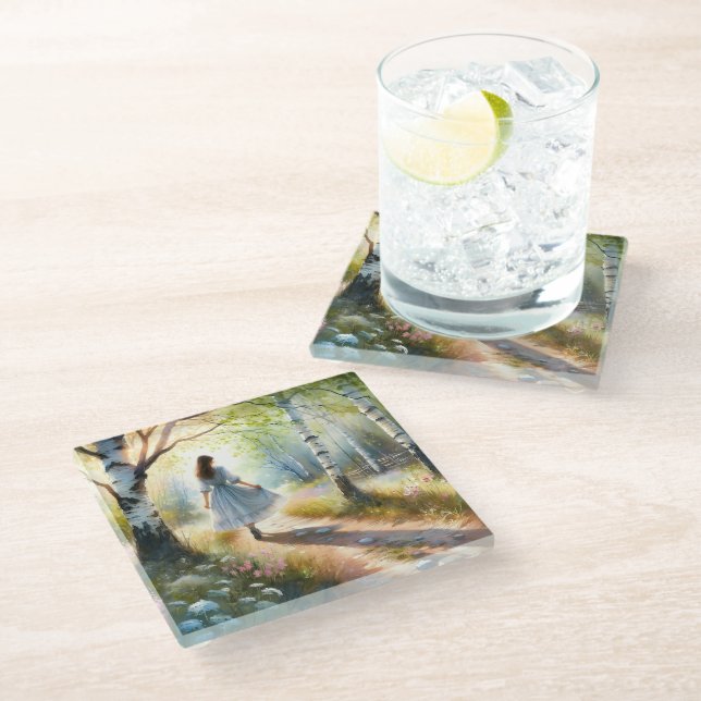Whimsical Girl Dancing Through Birch Forest Glass Coaster (Angled)