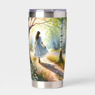 Whimsical Girl Dancing Through Birch Forest Insulated Tumbler