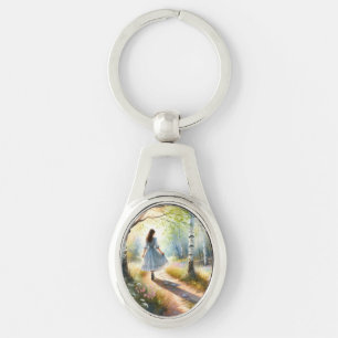 Whimsical Girl Dancing Through Birch Forest Key Ring