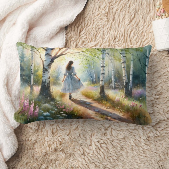 Whimsical Girl Dancing Through Birch Forest Lumbar Cushion (Blanket)