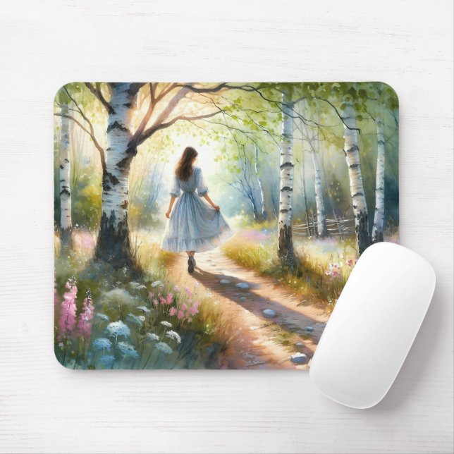 Whimsical Girl Dancing Through Birch Forest Mouse Pad (With Mouse)