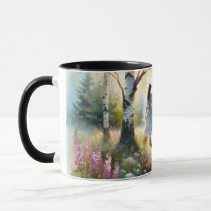 Whimsical Girl Dancing Through Birch Forest Mug