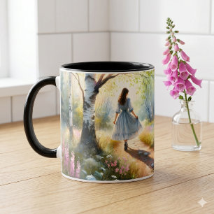 Whimsical Girl Dancing Through Birch Forest Mug