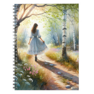Whimsical Girl Dancing Through Birch Forest Notebook