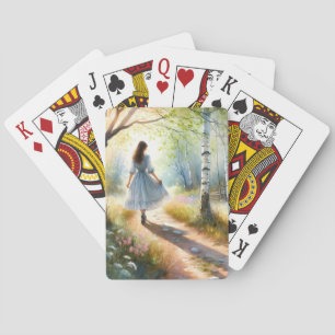 Whimsical Girl Dancing Through Birch Forest Playing Cards