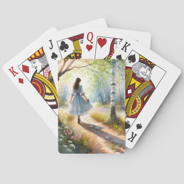 Whimsical Girl Dancing Through Birch Forest Playing Cards (Back)