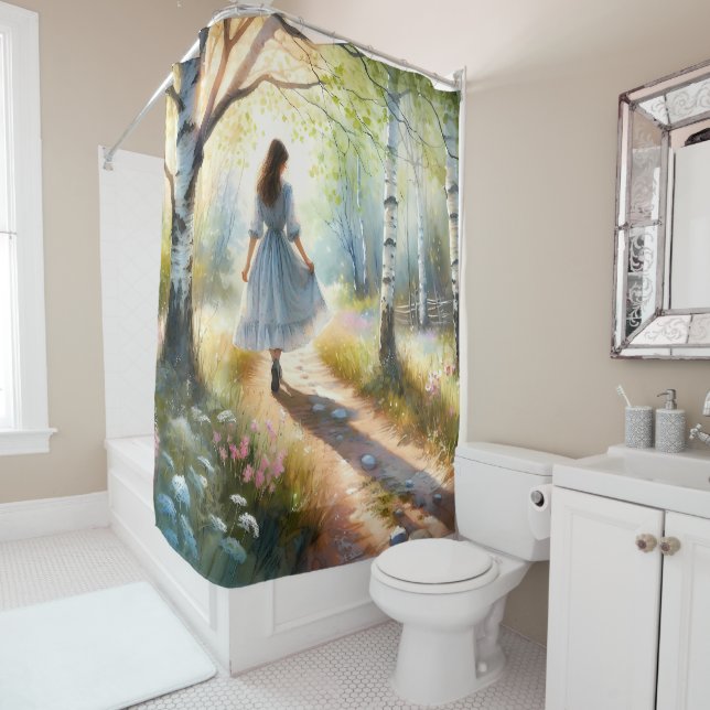 Whimsical Girl Dancing Through Birch Forest Shower Curtain (In Situ)