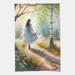 Whimsical Girl Dancing Through Birch Forest Tea Towel