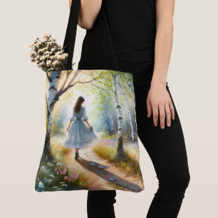 Whimsical Girl Dancing Through Birch Forest Tote Bag
