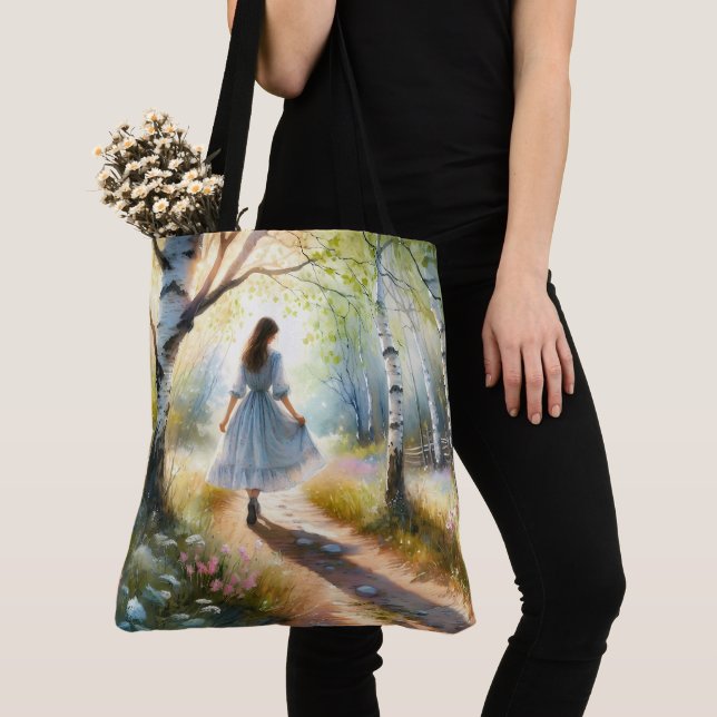 Whimsical Girl Dancing Through Birch Forest Tote Bag (Close Up)