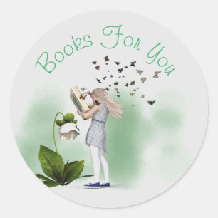 Whimsical girl design book business branding classic round sticker