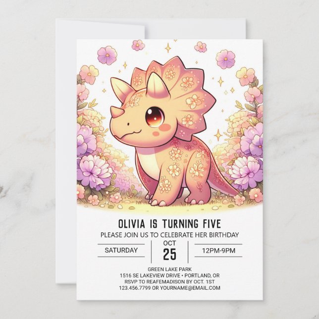 Whimsical Girl Dinosaur Digital Birthday  Invitation (Front)