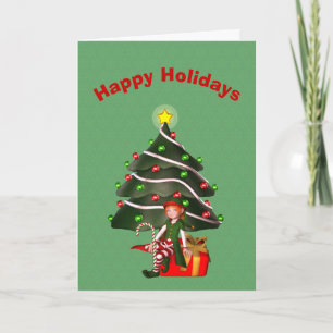 Whimsical Girl Elf Tree Present Christmas Card