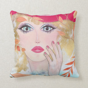 Whimsical Girl Face Hand Colorful Pink Cushion