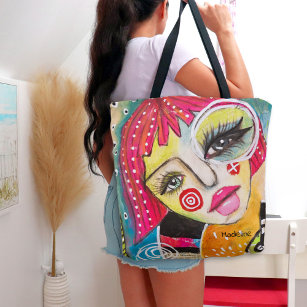 Whimsical Girl Hot Pink Hair Quirky Colourful Fun Tote Bag
