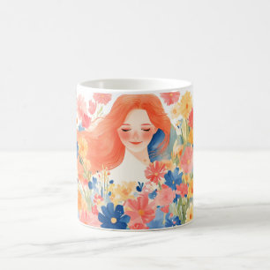 Whimsical Girl in Blooming Flower Garden Coffee Mug