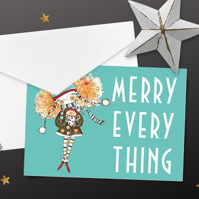 Whimsical Girl Merry Everything  Christmas Card (Creator Uploaded)