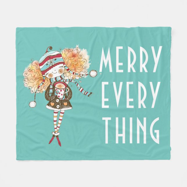 Whimsical Girl Merry Everything  Christmas  Fleece Blanket (Front (Horizontal))