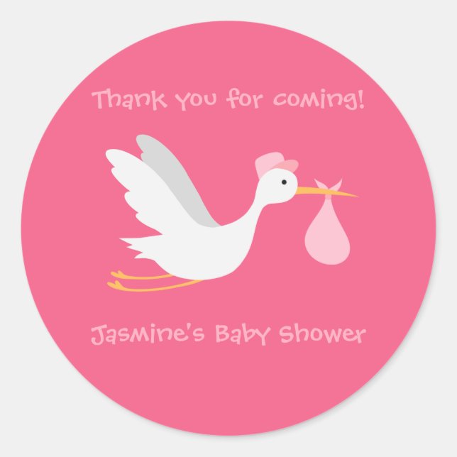 Whimsical Girl Stork Baby Shower Classic Round Sticker (Front)
