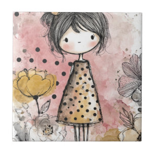 Whimsical Girl Watercolor with Floral Accents (10) Ceramic Tile
