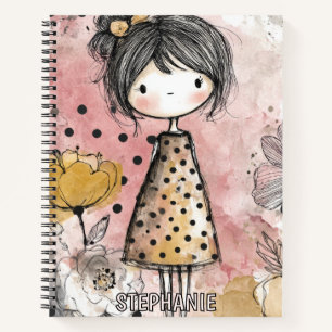 Whimsical Girl Watercolor with Floral Accents (10) Notebook