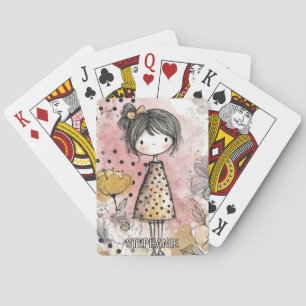 Whimsical Girl Watercolor with Floral Accents (10) Playing Cards