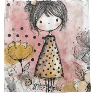 Whimsical Girl Watercolor with Floral Accents (10) Shower Curtain