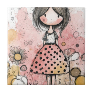 Whimsical Girl Watercolor with Floral Accents (2) Ceramic Tile