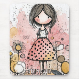 Whimsical Girl Watercolor with Floral Accents (2) Mouse Pad