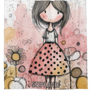 Whimsical Girl Watercolor with Floral Accents (2) Shower Curtain