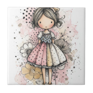 Whimsical Girl Watercolor with Floral Accents (3) Ceramic Tile