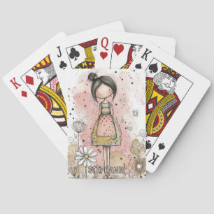 Whimsical Girl Watercolor with Floral Accents (4) Playing Cards