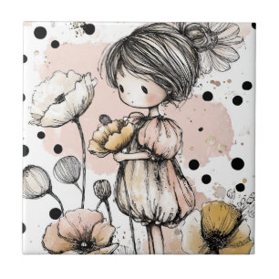 Whimsical Girl Watercolor with Floral Accents (5) Ceramic Tile