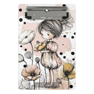 Whimsical Girl Watercolor with Floral Accents (5) Mini Clipboard