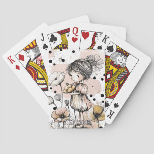 Whimsical Girl Watercolor with Floral Accents (5) Playing Cards