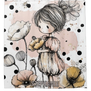 Whimsical Girl Watercolor with Floral Accents (5) Shower Curtain
