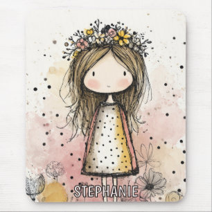 Whimsical Girl Watercolor with Floral Accents (6) Mouse Pad