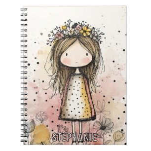 Whimsical Girl Watercolor with Floral Accents (6) Notebook