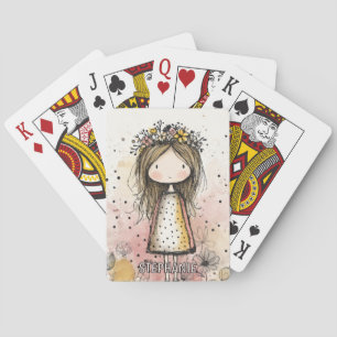 Whimsical Girl Watercolor with Floral Accents (6) Playing Cards