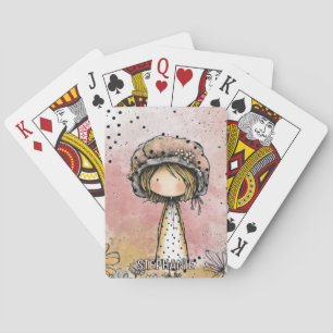 Whimsical Girl Watercolor with Floral Accents (7) Playing Cards